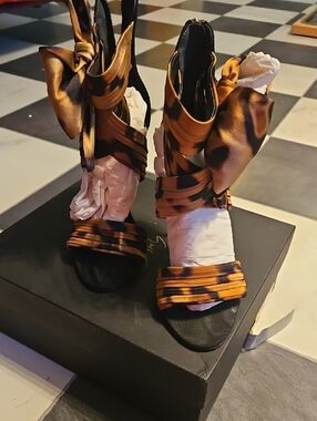 Giuseppe Zanotti Brown and Black Leopard Satin Tie-Strap Heels